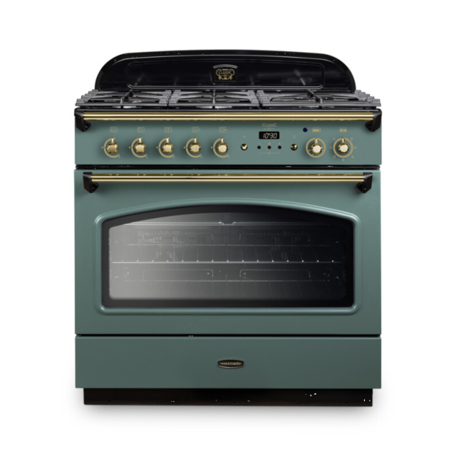 Rangemaster CLAS90FXDFFMG/B Classic FX 90cm Dual Fuel Cooker, M Green, Brass Trim