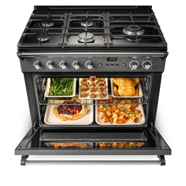 Rangemaster CLAS90FXDFFMG/B Classic FX 90cm Dual Fuel Cooker, M Green, Brass Trim